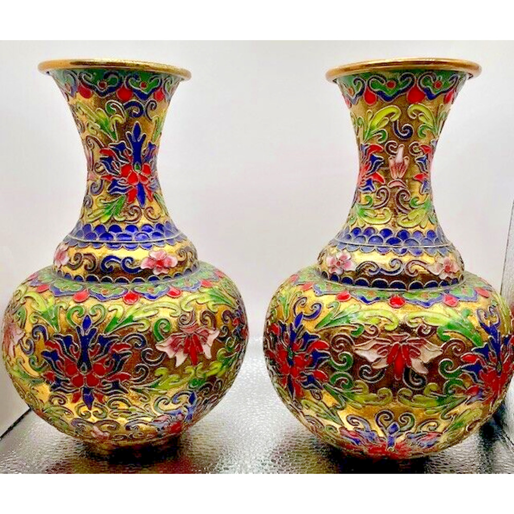 Vintage Cloisonne Floral Vases (Set of 2 Vases) 7.5" x 4.5" - Picture 1 of 11